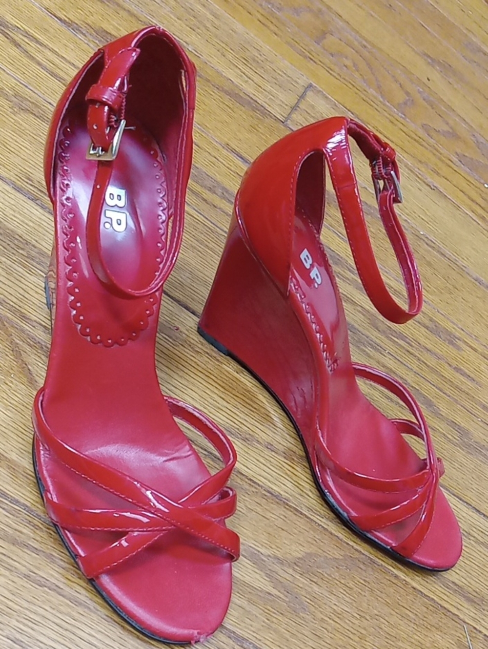 bp Red Patent Ankle-Strap Wedge Sandals